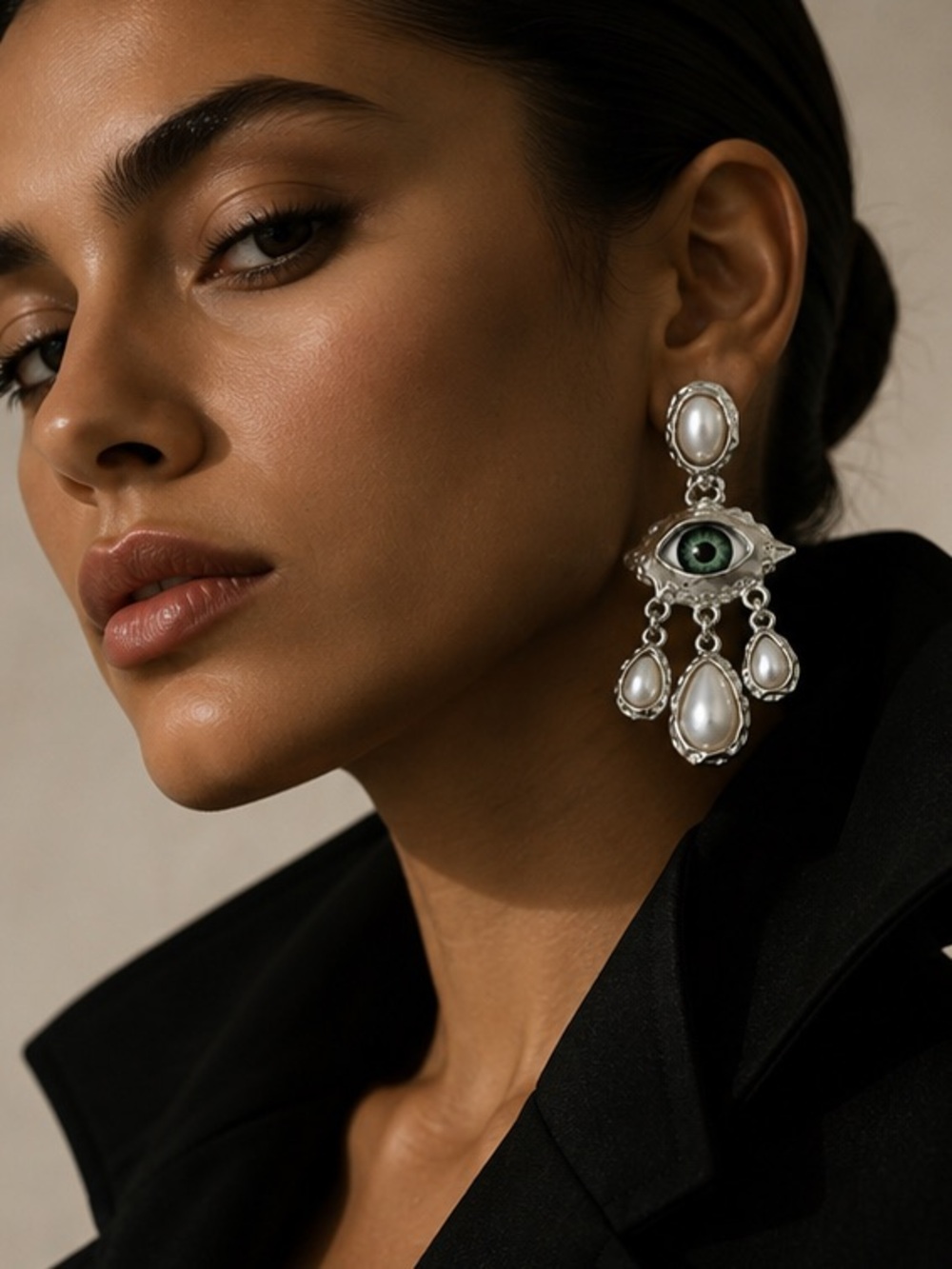 Surrealist Silver Eye Earrings with Baroque Pearl Details